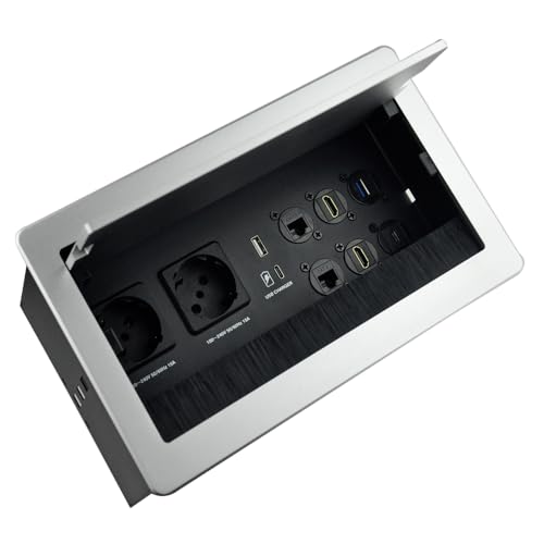 Einbausteckdose versenkbar Konferenzraum Tisch Multimedia Steckdose Silber-2xSchuko-2xCAT6-2xHDMI-1xUSB3.0-Stereo-1xUSB-C Daten (Silver) von Euphoriajinshi