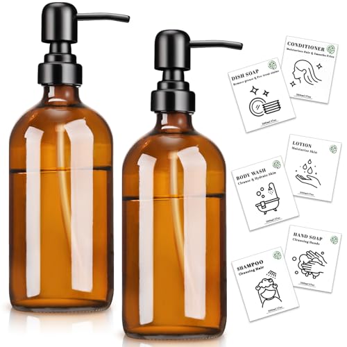 Euqvunn 2 Pack Amber Seifenspender Glas, 500ml Nachfüllbare Glass Pumpflasche, Seifenspender Bad, Seifenspender Küche,Shampoo Spender mit 6 Wasserfesten Etiketten, Soap Dispenser mit Edelstahlpumpe von Euqvunn