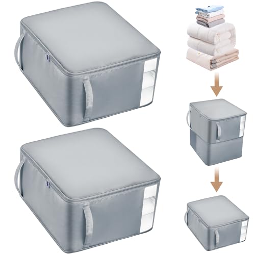 Euqvunn 2 Stück Platzsparender Komprimierender Organizer, Aufbewahrungstasche für Bettdecken, Extra Große Faltbare Selbstkomprimierender Organizer mit Sichtfenster für Umzug, Reisen(Grau,XL+XL) von Euqvunn