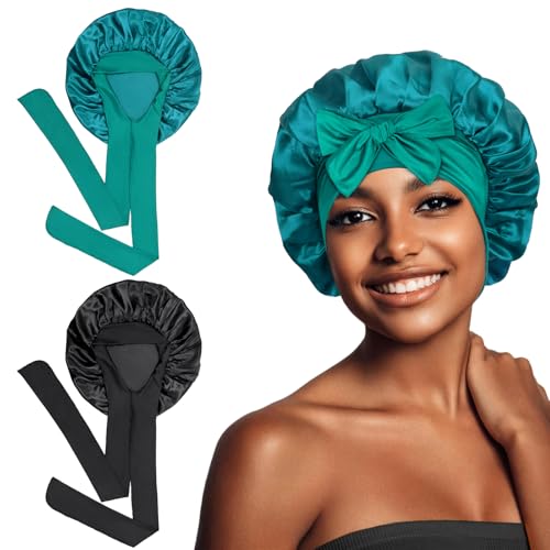 Euqvunn 2 Stück Schwarz Seidenhaube Zum Schlafen, Schlafhaube Haare Schützen mit 6.2×63cm Verbreitern Bindeband, Haarhaube für Die Nacht, Schutz Für Langes/Glattes/Lockiges Haar(Schwarz Cyan) von Euqvunn