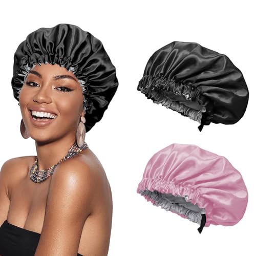 Euqvunn 2 Stück Seidenhaube Zum Schlafen, Schlafhaube Seide Verstellbar Mit Breitem Elastischem Band, Zweiseitig In Zwei Farben, Schutz Für Langes/Glattes/Lockiges Haar (Schwarz Pink) von Euqvunn