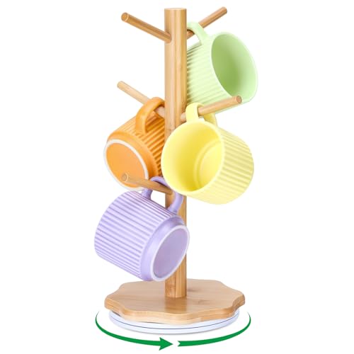 Euqvunn 360° drehbarer Tassenhalter, Kaffeetassen Tassenständer, stabiler Brezelständer mit Holzfuß in Blütenform, Tassenregal Holz für Küche und Kaffeebar, brezelständer mit 6 Haken-Holz von Euqvunn