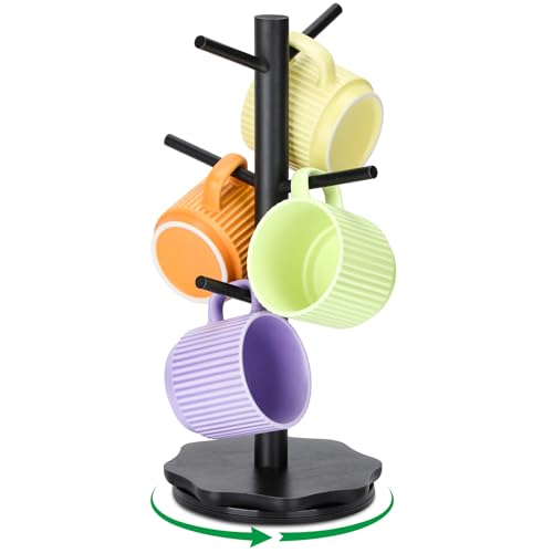 Euqvunn 360° drehbarer Tassenhalter, Kaffeetassen Tassenständer, stabiler Brezelständer mit Holzfuß in Blütenform, Tassenregal Holz für Küche und Kaffeebar, brezelständer mit 6 Haken –Schwarz von Euqvunn