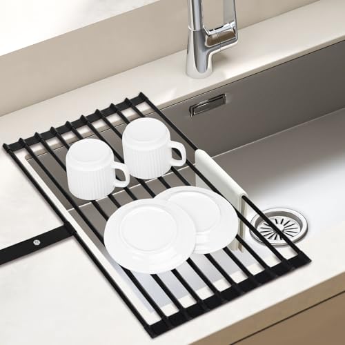 Euqvunn Abtropfgestell Geschirr, Faltbare & Abnehmbare Geschirrabtropfgestell für Spüle, Abtropfmatte Geschirr Abtropfständer, mit Silikonrändern und Haltegurt, Küchen Organizer, 51x32 cm, Schwarz von Euqvunn