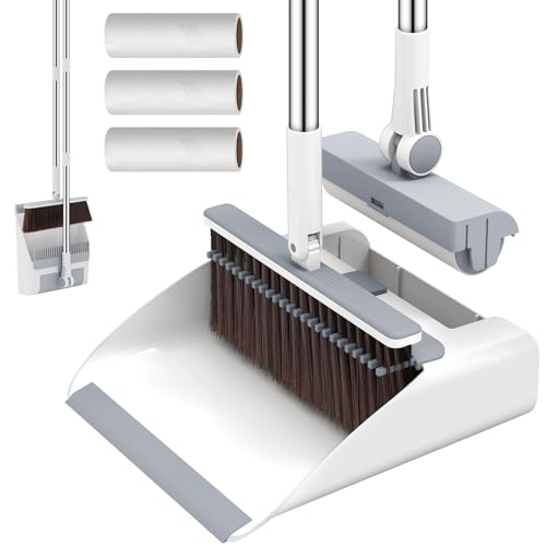 Euqvunn Besen und Kehrschaufel Set mit Langem Griff, 3-in-1 [Fusselrolle] Besen mit Stiel 180° Drehbar, Kehrschaufel mit Kammzähnen, Fusselbürste 3 Ersatzrollen mit 150 Blättern für Zuhause, Küche von Euqvunn
