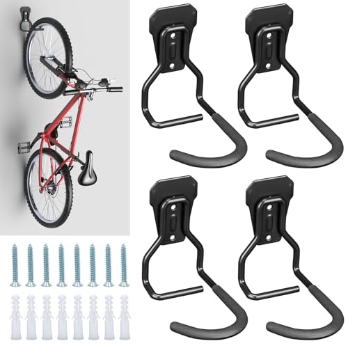 Euqvunn Fahrrad Wandhalterung – Fahrradhalterung Wand Tragkraft bis 35kg, Platzsparender Vertikaler Fahrrad Aufhängung für Garage/Innenbereich, Kompatibel mit Mountainbike/Rennrad (Schwarz, 4er-Pack) von Euqvunn