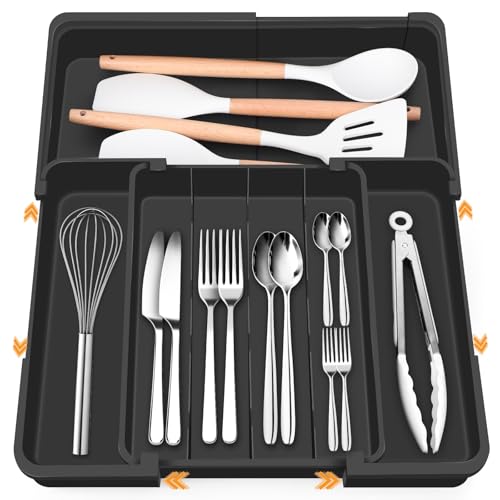 Euqvunn Multidirektional Erweiterbarer Besteckkasten für Schubladen, Besteckkasten mit 4-7 Einstellbaren Fächern, Ideal für die Aufbewahrung von Besteck und Küchenutensilien in der Küchenschublade von Euqvunn
