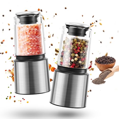 Euqvunn Salz und Pfeffermühle [2er Set], Manuelle Gewürzmühle 60 ml mit Keramikmahlwerk, Dichtungsdeckel und Kunststoffgehäuse, Kurze Pfeffer und Salzmühle aus Edelstahl, Silber von Euqvunn