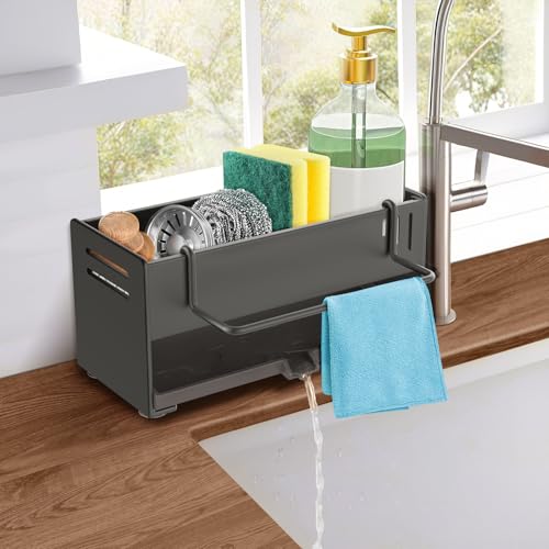 Euqvunn Schwammhalter Küche, Schwammhalter Spülbecken Organizer, Kohlenstahl Spüle Spüllappenhalter, Sponge Holder Kitchen mit Abtropfblech, Spüle Organizer mit Geschirrtuchhalter von Euqvunn