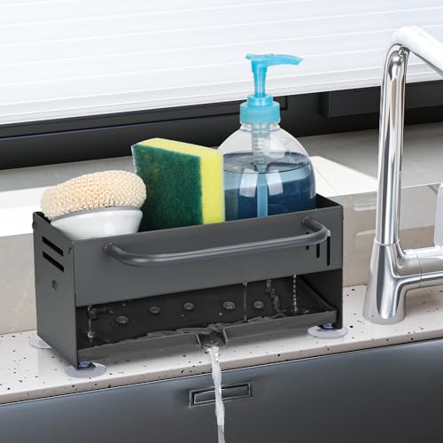 Euqvunn Schwammhalter Küche, Schwammhalter Spülbecken Organizer, Kohlenstahl Spüle Spüllappenhalter, Sponge Holder Kitchen mit Abtropfblech, Spüle Organizer mit Geschirrtuchhalter von Euqvunn