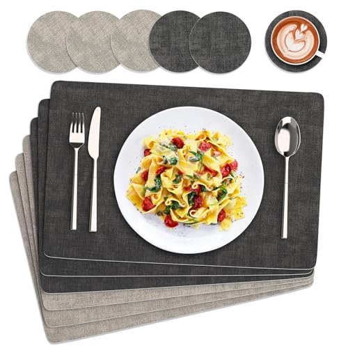 Euqvunn Tischsets Abwaschbar und Untersetzer, 6er Set Doppelseitigen PU Platzsets Wasserdicht rutschfest Hitzebeständig für Küche Innen und Außen(43×30cm-Grau) von Euqvunn
