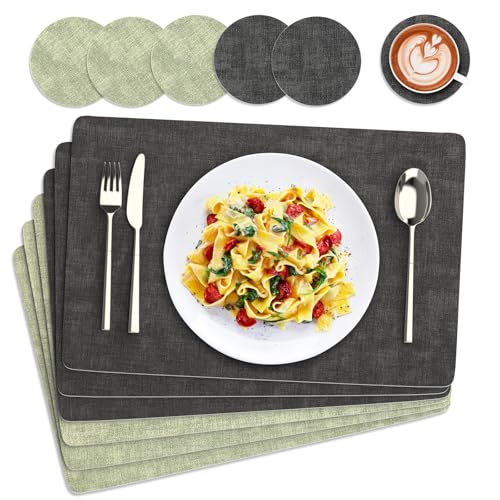 Euqvunn Tischsets Abwaschbar und Untersetzer, 6er Set Doppelseitigen PU Platzsets Wasserdicht rutschfest Hitzebeständig für Küche Innen und Außen(43×30cm-Grau Grün) von Euqvunn