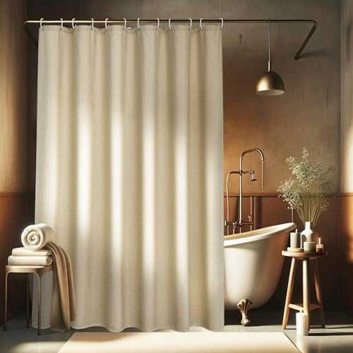 EurCross Leinen Texturiert Duschvorhang 180x160 Beige Schwerer Textil Stoff Badvorhang, Hotel Luxus Wasserdicht Antischimmel Waschbar Polyester Duschvorhänge für Badezimmer mit 12 Ringen von EurCross