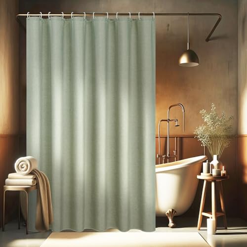 EurCross Leinen Texturiert Grün Duschvorhang 180x200 für Badezimmer, Textil Heavy Duty Wasserdicht Duschvorhänge, Hotel Luxus Polyester Antischimmel Waschbar Badvorhang mit 12 Ringen von EurCross