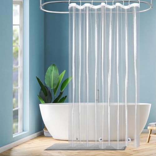 EurCross Schmaler Duschvorhang 120x180 Transparent Plastik Badvorhang mit 3 Magneten Unten, Kleine Wasserdicht Anti Schimmel PEVA Duschvorhänge für Badewanne mit 8 Ringen von EurCross