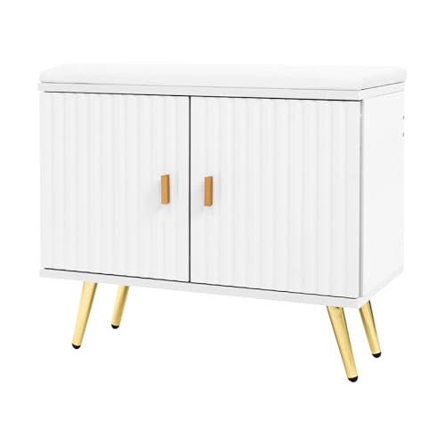 EurHomePlus Hocker Für Die Eingangshalle Aus MDF Weiß Gold 60x30x50cm Leichter Luxus Schuhbank Mit Aufbewahrung Für Flur Wohnzimmer von EurHomePlus