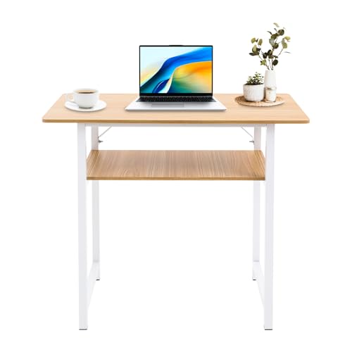 EurHomePlus Zweischichtiger Home Office Schreibtisch, 80x40x74cm Eiche Schreibtisch mit Ablageregal, Schreib Computertisch für Schlafzimmer und Kleine Räume von EurHomePlus