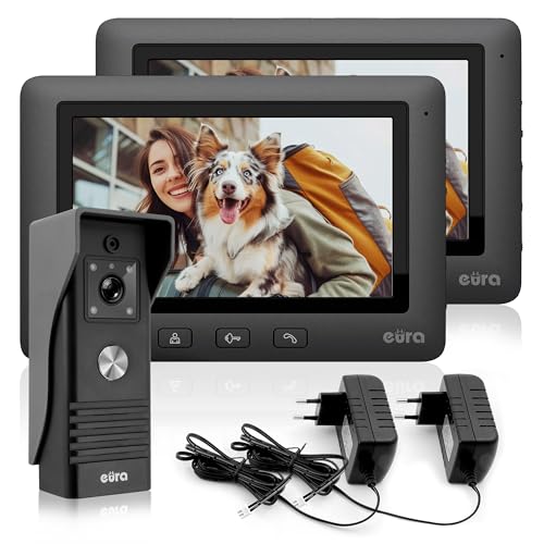 Eura VDP-45A3 Alpha Video-Türsprechanlage Gegensprechanlage 4 Draht, 7-Zoll-Farbmonitor, Schwarz, 2 Monitore von EURA