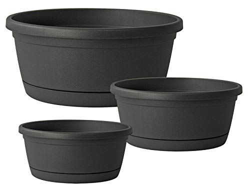 Euro 3 Plast 3er-Set Blumenschalen mit Untersetzer Libis rund Ø 25 cm, 30 cm, 35 cm, aus Kunststoff in der Farbe Taupe (Anthrazit) von Euro 3 Plast