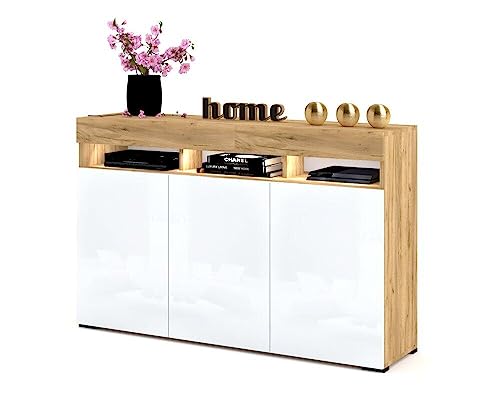 Euro Style Große Kommode mit 3 Türen+Led Schrank Sideboard Tv Schrank Wohnzimmer/Schlafzimmer 135x90x40 cm, Weiß Matt/Weiß Hochglanz/Schwarz/Golden Eiche/Sonoma Eiche (Golden Eiche- Weiß Hochglanz) von Euro Style