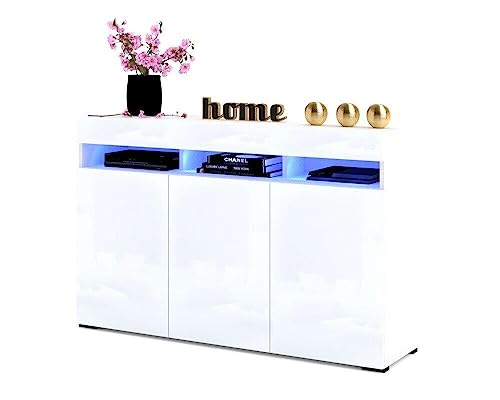 Euro Style Große Kommode mit 3 Türen+Led Schrank Sideboard Tv Schrank Wohnzimmer/Schlafzimmer 135x90x40 cm, Weiß Matt/Weiß Hochglanz/Schwarz/Golden Eiche/Sonoma Eiche (Weiß Matt- Weiß Hochglanz) von Euro Style