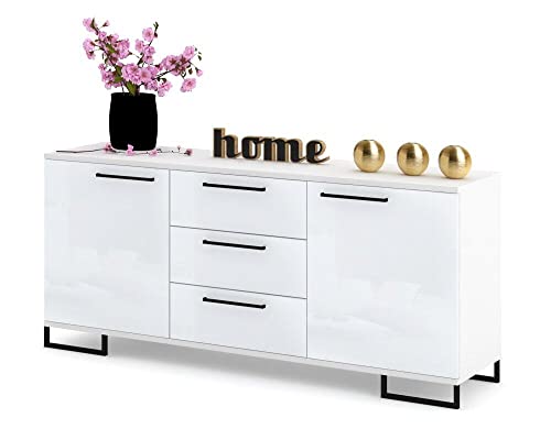 Euro Style Kommode mit Schubladen und 2 Türen Schrank Sideboard Tv Schrank für Wohnzimmer/Schlafzimmer Schubladenkommode 150x68,5x40 cm, Weiß Matt/Weiß Hochglanz von Euro Style