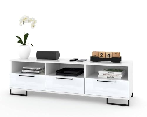 Euro Style TV-Lowboard Fernsehschrank mit Schubladen Metallgriffe und Beine Wohnzimmer Weiß Matt/Hochglanz/Schwarz/Eiche 150cm, Weiß Matt/Weiß Hochglanz von Euro Style