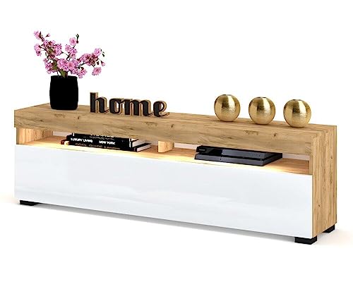 Euro Style TV-Schrank mit LED Stand Tv-Lowboard für Wohnzimmer Schlafzimmer Fernsehschrank Fernsehtisch Sideboard HiFi-Schrank Kommode 40 Zoll, Golden Eiche/Weiß Hochglanz, 100cm von Euro Style