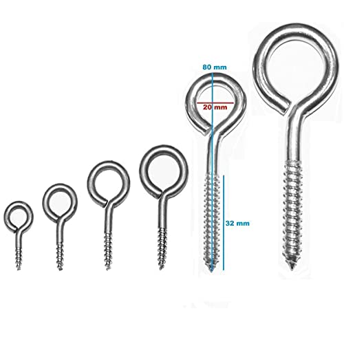 Euro Tische Schraubhaken Ringschraube 80mm, Ösenschraube für Haus, Küche und Büro, und Hakenschrauben Stahl Verzinkt in 6 Verschiedenen Größen (15 Stück) von Euro Tische