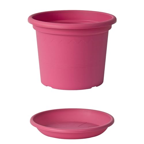 Euro3plast Geo Blumentopf mit Untersetzer 13 cm Ø Kunststoff rund Farbe Pink 19831471-44 Innen- und Außenbereich geeignet von Euro3plast