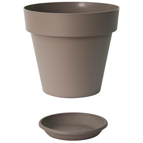Euro3plast MITU Blumentopf mit Untersetzer in rund aus Kunststoff in den Farben Anthrazit Taupe oder Rosmarin für den Innen- und Außenbereich, 10 Größen zur Wahl (Taupe, 60 cm) von Euro3plast
