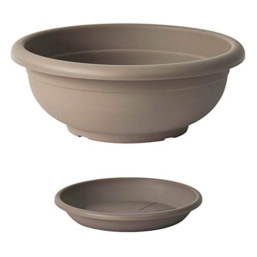 Euro3Plast Olimpo Blumenschale mit Untersetzer in rund 20, 25, 30, 35, 40, 45, 50, 60 cm in anthrazit Terra Taupe (25 cm, Taupe) von Euro3plast