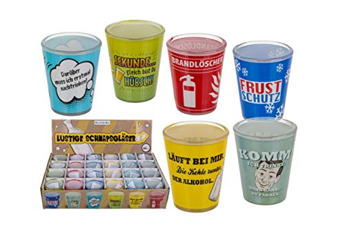 EuroDiscount Schnapsgläser Shooter Stamper Partygläser 50 ml mit lustigen Sprüchen 24 Stück 6-fach bunt sortiert von EuroDiscount