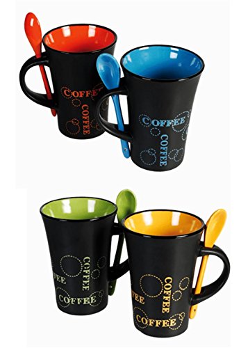 Kaffeebecher Kaffeetassen Keramik farbig sortiert mit Löffel Coffee Motiv 300 ml 4 Stück Set von EuroDiscount
