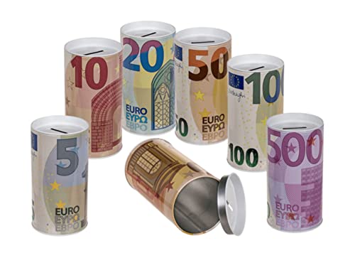 Spardose Sparbüchse Sammeldose Euro Geldschein Euroschein Design Höhe 15,5 cm Ø 8 cm Abnehmbarer Deckel 6 Stück Set von EuroDiscount