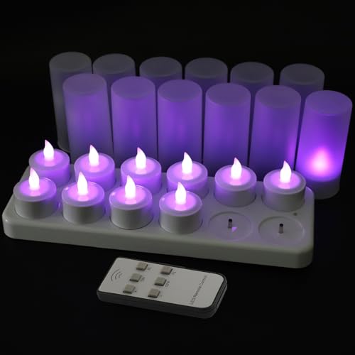 EuroFone Flameless LED Teelicht Kerze wiederaufladbare LED Kerzen mit Cup 12pcs (Purple with remote) von EuroFone