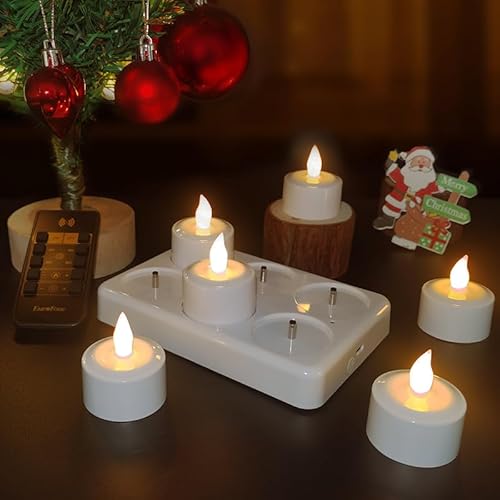 EuroFone Wiederaufladbare LED Kerze mit Fernbedienung Flicker LED Teelicht, Flicker Flameless, mit Timerfunktion Elektrische wiederaufladbare Kerze Teelicht (Set von 6, Warm White) von EuroFone
