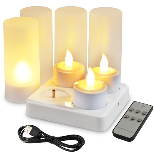 EuroFone wiederaufladbare LED Kerzen Flackern Teelicht Kerze Flammenlos mit Ladestation Halter (4 Stück) (Yellow) von EuroFone