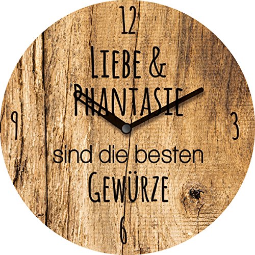 Wanduhr aus Glas für die Küche, mit Tischaufsteller, rund, Spruch: Liebe und Phantasie sind die besten Gewürze, Holzoptik, braun, 20x20 cm von Eurographics von EuroGraphics