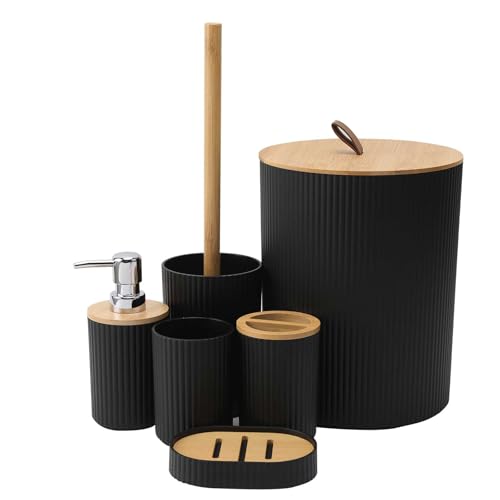 Eurobuy Badezimmer Set Mülleimer Toilettenbürstenhalter Seifenspender Seifenschale Zahnbürstenhalter Zahnbürstenbecher Badezimmer Accessoires (Schwarz, 6 Teiliges) von Eurobuy