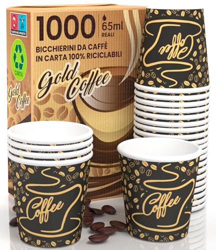 1000 Kaffeebecher aus Papier, 65 ml, CoffeeGoldCUP, umweltfreundlich, biologisch abbaubar, Einwegbecher, klein, zum Mitnehmen, heiße Getränke von Eurocali