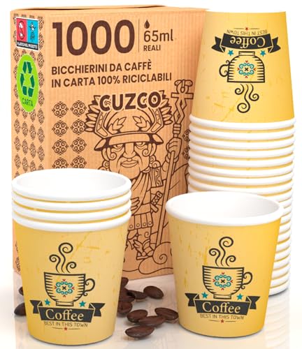 1000 Kaffeebecher aus Papier, 65 ml, CuzcoYellowCUP Umweltfreundliche & biologisch abbaubare Einwegbecher, klein, zum Mitnehmen, heiße Getränke von Eurocali