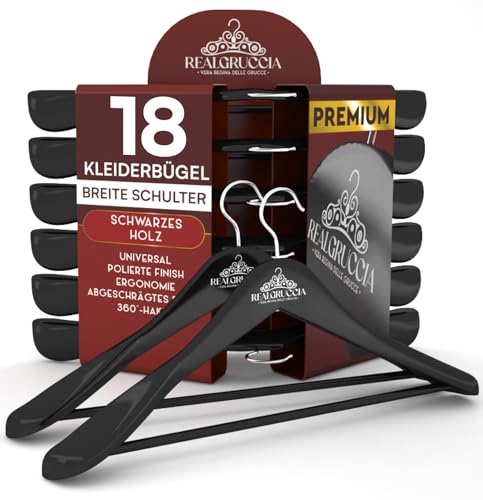 18 Kleiderbügel aus Holz Breite Schulter 24x45cm Farbe Schwarz Holzbügel Hosen und Hemden - RealGruccia Abgeschrägte Profile mit Hosensteg Polierter Oberfläche Drehbaren Hakens 360° von Eurocali
