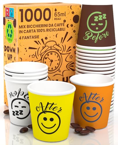 DownUpCUP Mix 1000 Kaffeebecher aus Papier, 65 ml, umweltfreundlich, biologisch abbaubar, Einwegbecher, klein, zum Mitnehmen, heiße Getränke von Eurocali