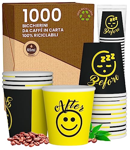 DownupCUP Yellow 1000 Kaffeebecher aus Papier, 65 ml, umweltfreundlich, biologisch abbaubar, Einwegbecher, klein, zum Mitnehmen, heiße Getränke von Eurocali