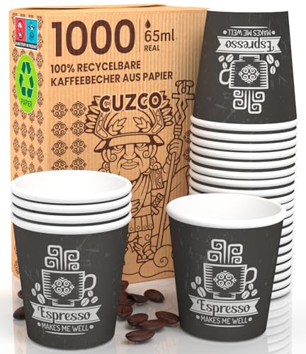 Eurocali 1000 Espresso Pappbecher 65ml Biologisch Abbaubare Kaffee Einwegbecher - Ökologisches Design CuzcoCUP - Kleine Größe für italienischen Espresso für Heißen Getränken von Eurocali