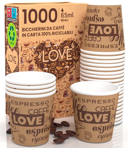 Eurocali 1000 Espresso Pappbecher 65ml Biologisch Abbaubare Kaffee Einwegbecher - Ökologisches Design LoveBrownCUP - Kleine Größe für italienischen Espresso für Heißen Getränken von Eurocali