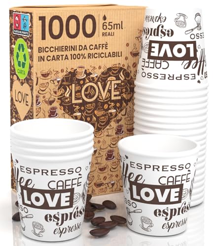 Eurocali 1000 Espresso Pappbecher 65ml Biologisch Abbaubare Kaffee Einwegbecher - Ökologisches Design LoveWhiteCUP - Kleine Größe für italienischen Espresso für Heißen Getränken von Eurocali