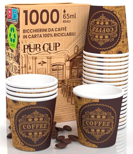 Eurocali 1000 Espresso Pappbecher 65ml Biologisch Abbaubare Kaffee Einwegbecher - Ökologisches Design PubCUP - Kleine Größe für italienischen Espresso für Heißen Getränken von Eurocali