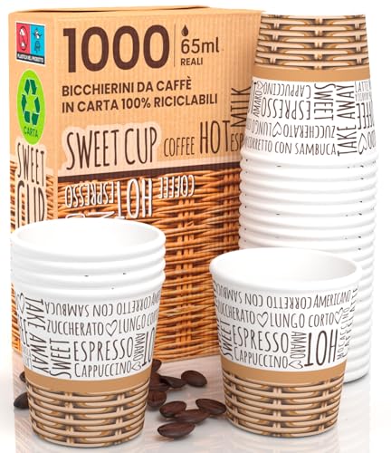 Eurocali 1000 Espresso Pappbecher 65ml Biologisch Abbaubare Kaffee Einwegbecher - Ökologisches Design SweetCUP - Kleine Größe für italienischen Espresso für Heißen Getränken von Eurocali